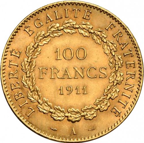 100 Francs Reverse Image minted in FRANCE in 1911A (1871-1940 - Third Republic)  - The Coin Database