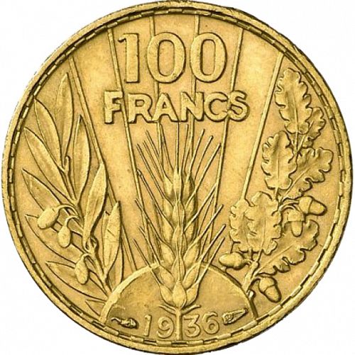 100 Francs Reverse Image minted in FRANCE in 1936 (1871-1940 - Third Republic)  - The Coin Database
