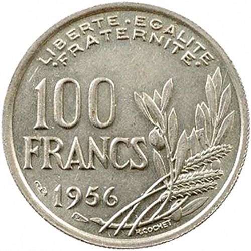 100 Francs Reverse Image minted in FRANCE in 1956 (1947-1958 - Fourth Republic)  - The Coin Database