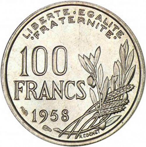100 Francs Reverse Image minted in FRANCE in 1958 (1947-1958 - Fourth Republic)  - The Coin Database
