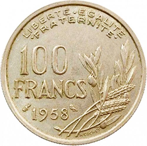 100 Francs Reverse Image minted in FRANCE in 1958 (1947-1958 - Fourth Republic)  - The Coin Database