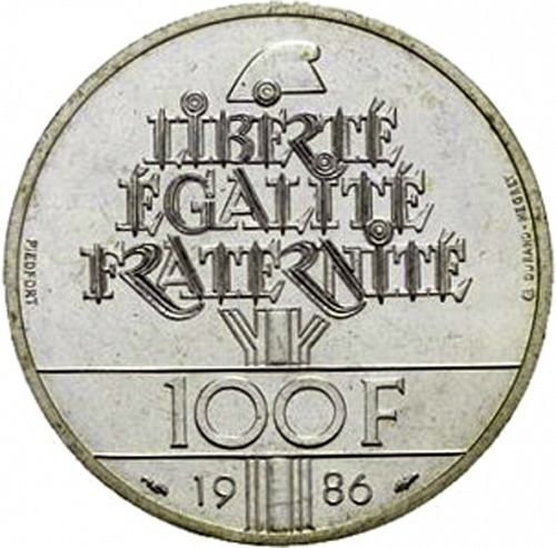 100 Francs Reverse Image minted in FRANCE in 1986 (1959-2001 - Fifth Republic)  - The Coin Database