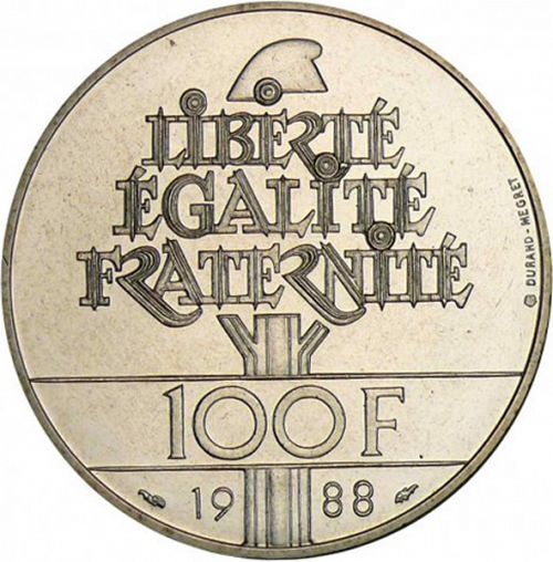 100 Francs Reverse Image minted in FRANCE in 1988 (1959-2001 - Fifth Republic)  - The Coin Database
