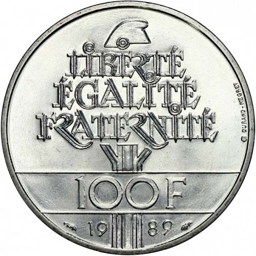 100 Francs Reverse Image minted in FRANCE in 1989 (1959-2001 - Fifth Republic)  - The Coin Database