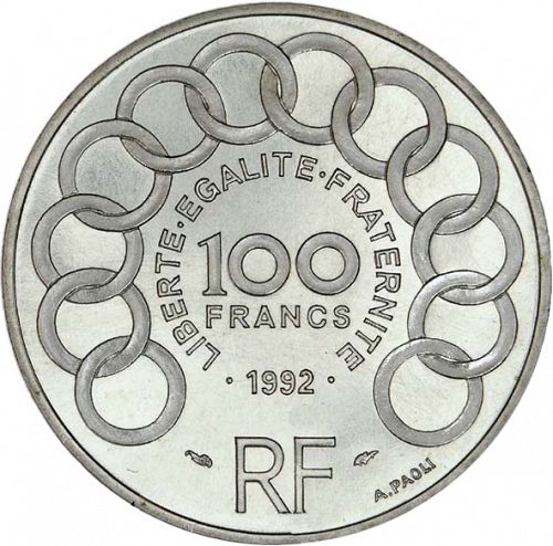 100 Francs Reverse Image minted in FRANCE in 1992 (1959-2001 - Fifth Republic)  - The Coin Database