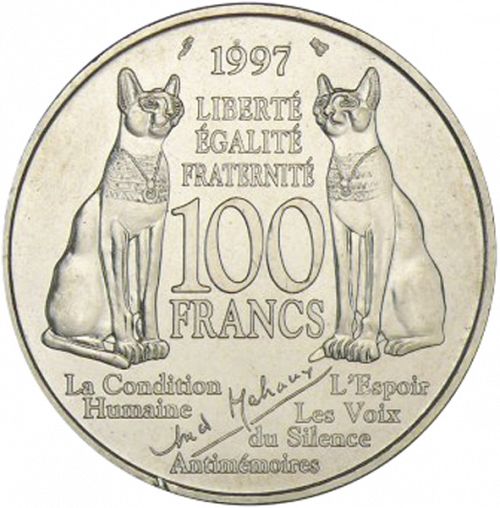 100 Francs Reverse Image minted in FRANCE in 1997 (1959-2001 - Fifth Republic)  - The Coin Database