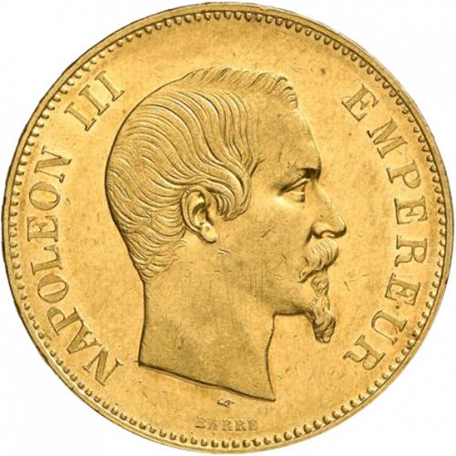 100 Francs Obverse Image minted in FRANCE in 1857A (1852-1870 - Napoléon III)  - The Coin Database
