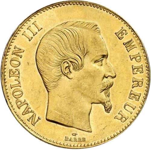 100 Francs Obverse Image minted in FRANCE in 1858A (1852-1870 - Napoléon III)  - The Coin Database