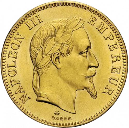 100 Francs Obverse Image minted in FRANCE in 1867A (1852-1870 - Napoléon III)  - The Coin Database