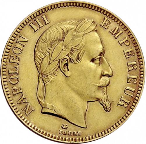 100 Francs Obverse Image minted in FRANCE in 1868A (1852-1870 - Napoléon III)  - The Coin Database