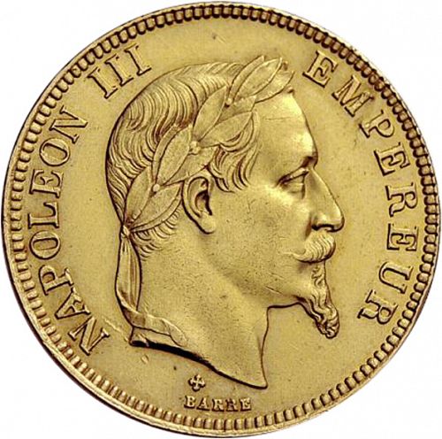 100 Francs Obverse Image minted in FRANCE in 1868BB (1852-1870 - Napoléon III)  - The Coin Database