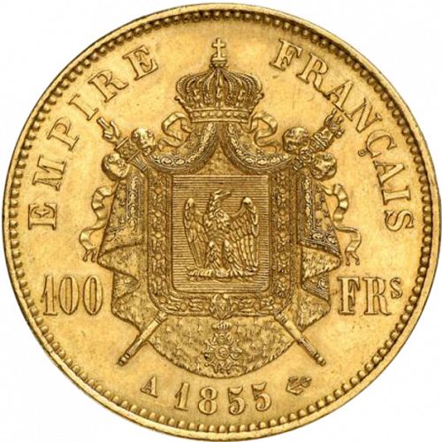 100 Francs Reverse Image minted in FRANCE in 1855A (1852-1870 - Napoléon III)  - The Coin Database