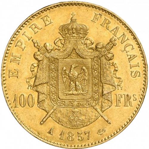 100 Francs Reverse Image minted in FRANCE in 1857A (1852-1870 - Napoléon III)  - The Coin Database