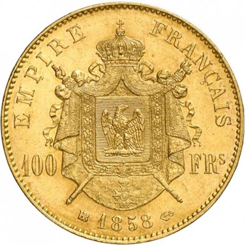 100 Francs Reverse Image minted in FRANCE in 1858BB (1852-1870 - Napoléon III)  - The Coin Database