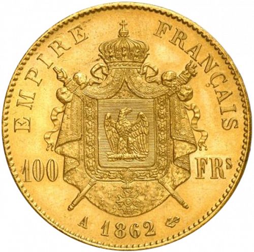 100 Francs Reverse Image minted in FRANCE in 1862A (1852-1870 - Napoléon III)  - The Coin Database