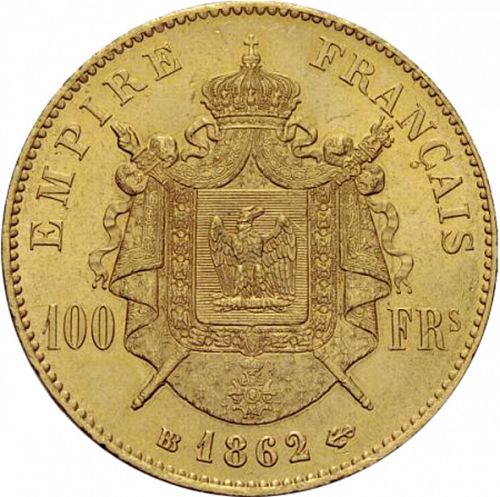 100 Francs Reverse Image minted in FRANCE in 1862BB (1852-1870 - Napoléon III)  - The Coin Database