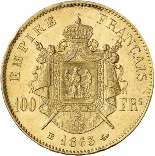100 Francs Reverse Image minted in FRANCE in 1863BB (1852-1870 - Napoléon III)  - The Coin Database