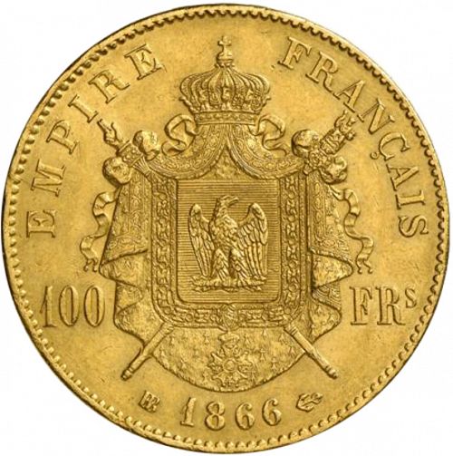 100 Francs Reverse Image minted in FRANCE in 1866BB (1852-1870 - Napoléon III)  - The Coin Database