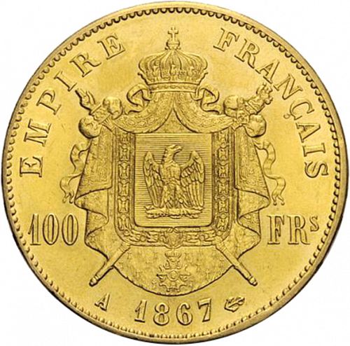 100 Francs Reverse Image minted in FRANCE in 1867A (1852-1870 - Napoléon III)  - The Coin Database
