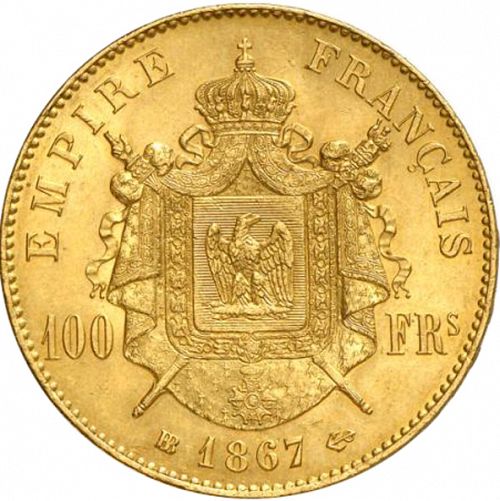 100 Francs Reverse Image minted in FRANCE in 1867BB (1852-1870 - Napoléon III)  - The Coin Database