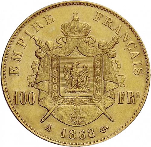 100 Francs Reverse Image minted in FRANCE in 1868A (1852-1870 - Napoléon III)  - The Coin Database