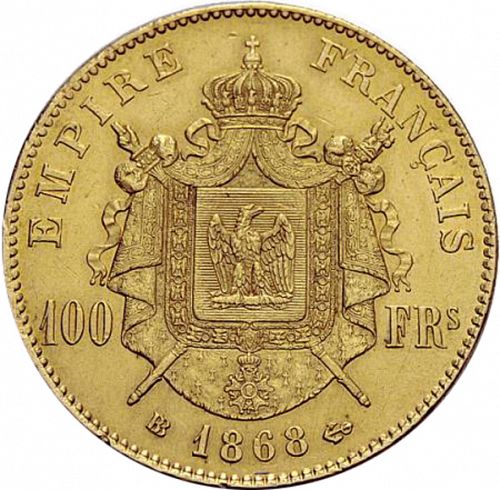 100 Francs Reverse Image minted in FRANCE in 1868BB (1852-1870 - Napoléon III)  - The Coin Database