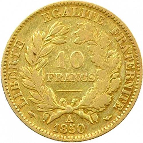 10 Francs Reverse Image minted in FRANCE in 1850A (1848-1852 - Second Republic)  - The Coin Database
