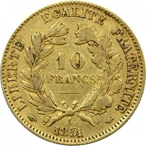 10 Francs Reverse Image minted in FRANCE in 1851A (1848-1852 - Second Republic)  - The Coin Database
