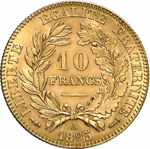 10 Francs Reverse Image minted in FRANCE in 1895A (1871-1940 - Third Republic)  - The Coin Database