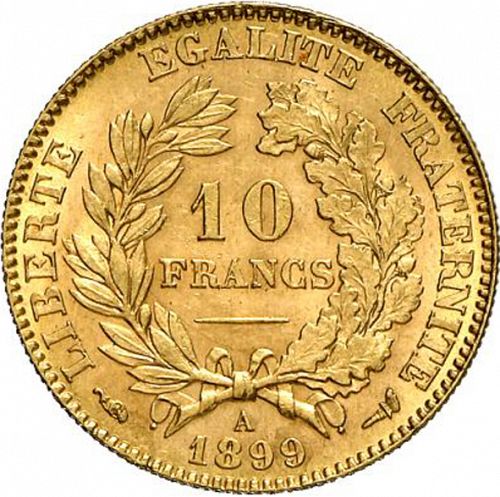 10 Francs Reverse Image minted in FRANCE in 1899A (1871-1940 - Third Republic)  - The Coin Database