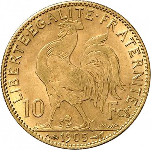 10 Francs Reverse Image minted in FRANCE in 1905 (1871-1940 - Third Republic)  - The Coin Database