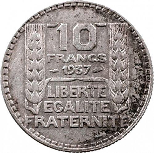 10 Francs Reverse Image minted in FRANCE in 1937 (1871-1940 - Third Republic)  - The Coin Database