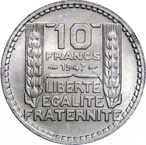 10 Francs Reverse Image minted in FRANCE in 1947 (1947-1958 - Fourth Republic)  - The Coin Database