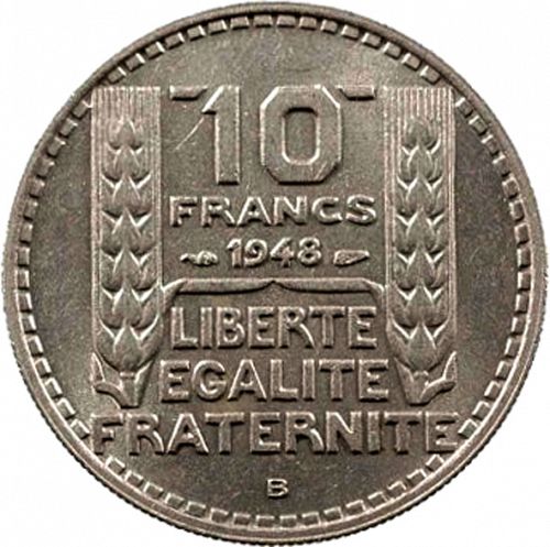 10 Francs Reverse Image minted in FRANCE in 1948B (1947-1958 - Fourth Republic)  - The Coin Database