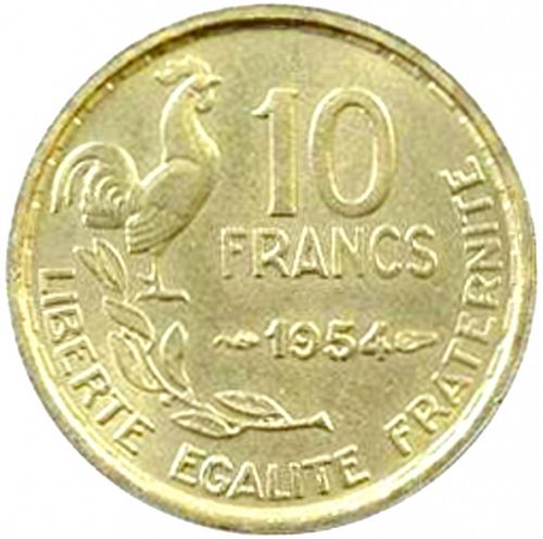 10 Francs Reverse Image minted in FRANCE in 1954 (1947-1958 - Fourth Republic)  - The Coin Database