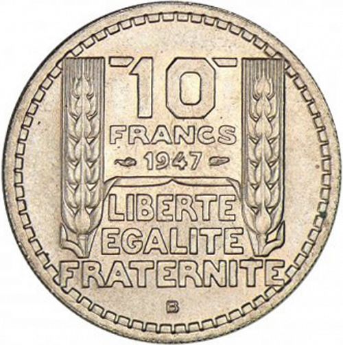 10 Francs Reverse Image minted in FRANCE in 1947B (1944-1947 - Provisional Government)  - The Coin Database