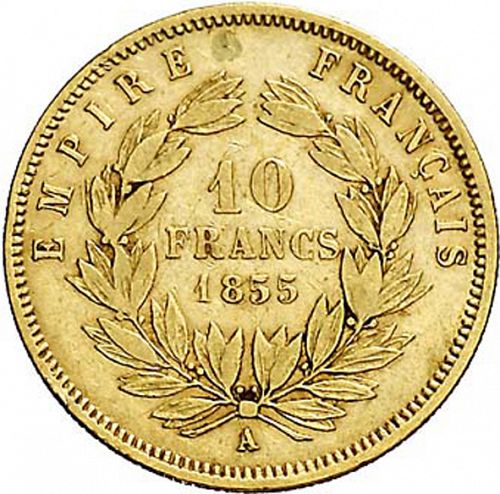 10 Francs Reverse Image minted in FRANCE in 1855A (1852-1870 - Napoléon III)  - The Coin Database