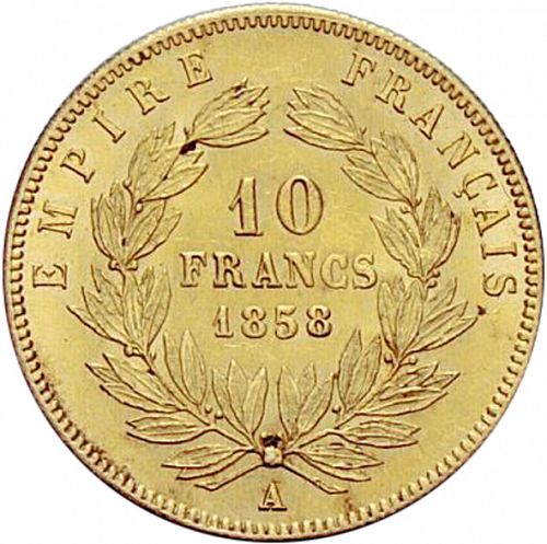 10 Francs Reverse Image minted in FRANCE in 1858A (1852-1870 - Napoléon III)  - The Coin Database