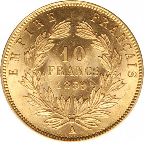 10 Francs Reverse Image minted in FRANCE in 1859A (1852-1870 - Napoléon III)  - The Coin Database