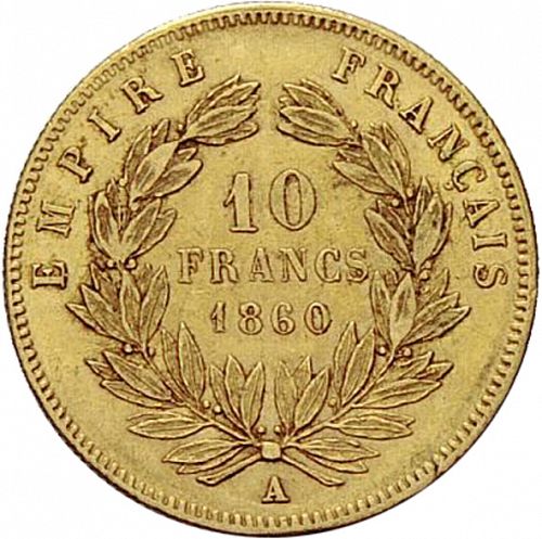 10 Francs Reverse Image minted in FRANCE in 1860A (1852-1870 - Napoléon III)  - The Coin Database