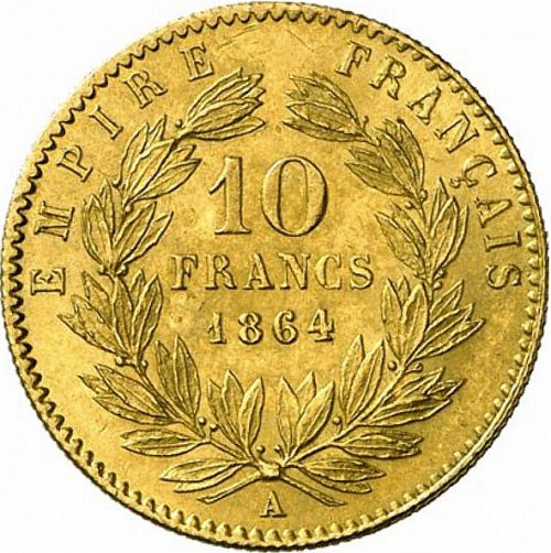 10 Francs Reverse Image minted in FRANCE in 1864A (1852-1870 - Napoléon III)  - The Coin Database