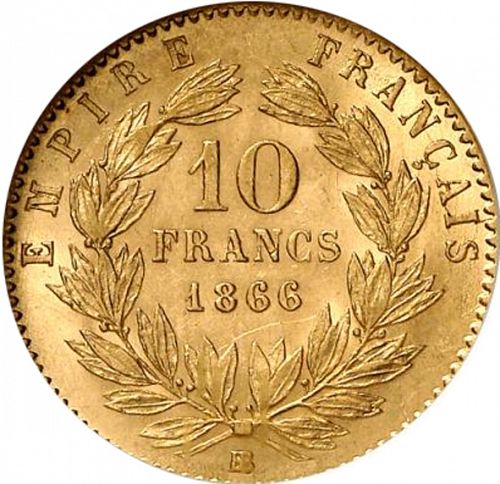 10 Francs Reverse Image minted in FRANCE in 1866BB (1852-1870 - Napoléon III)  - The Coin Database