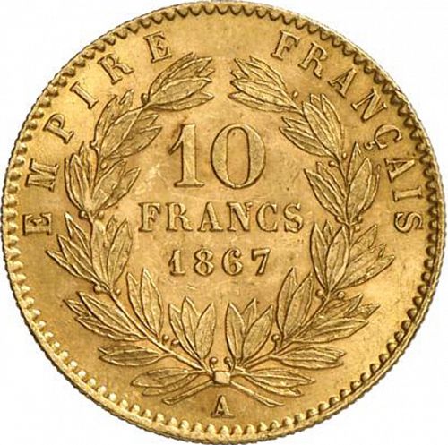 10 Francs Reverse Image minted in FRANCE in 1867A (1852-1870 - Napoléon III)  - The Coin Database