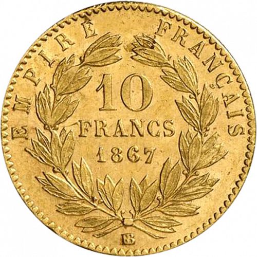 10 Francs Reverse Image minted in FRANCE in 1867BB (1852-1870 - Napoléon III)  - The Coin Database