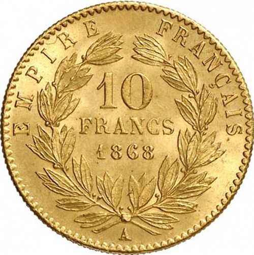 10 Francs Reverse Image minted in FRANCE in 1868A (1852-1870 - Napoléon III)  - The Coin Database