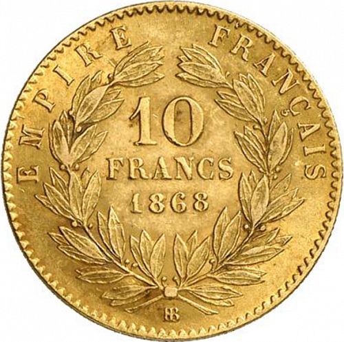 10 Francs Reverse Image minted in FRANCE in 1868BB (1852-1870 - Napoléon III)  - The Coin Database