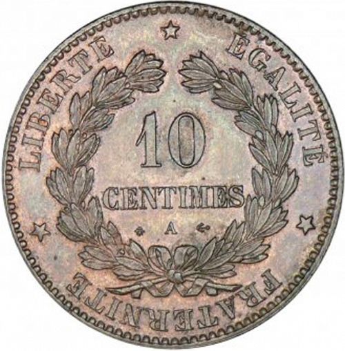 10 Centimes Reverse Image minted in FRANCE in 1874A (1871-1940 - Third Republic)  - The Coin Database