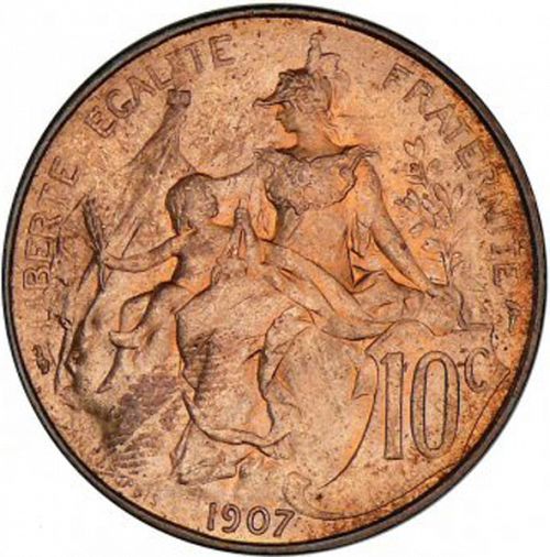 10 Centimes Reverse Image minted in FRANCE in 1907 (1871-1940 - Third Republic)  - The Coin Database