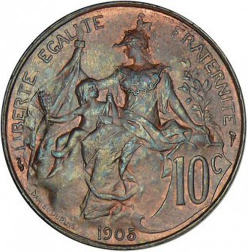 10 Centimes Reverse Image minted in FRANCE in 1908 (1871-1940 - Third Republic)  - The Coin Database