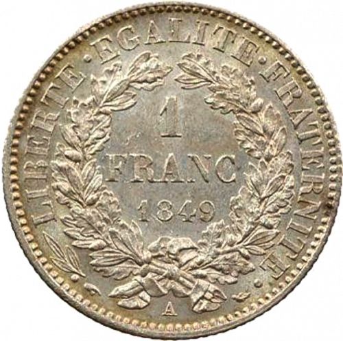 1 Franc Reverse Image minted in FRANCE in 1849A (1848-1852 - Second Republic)  - The Coin Database